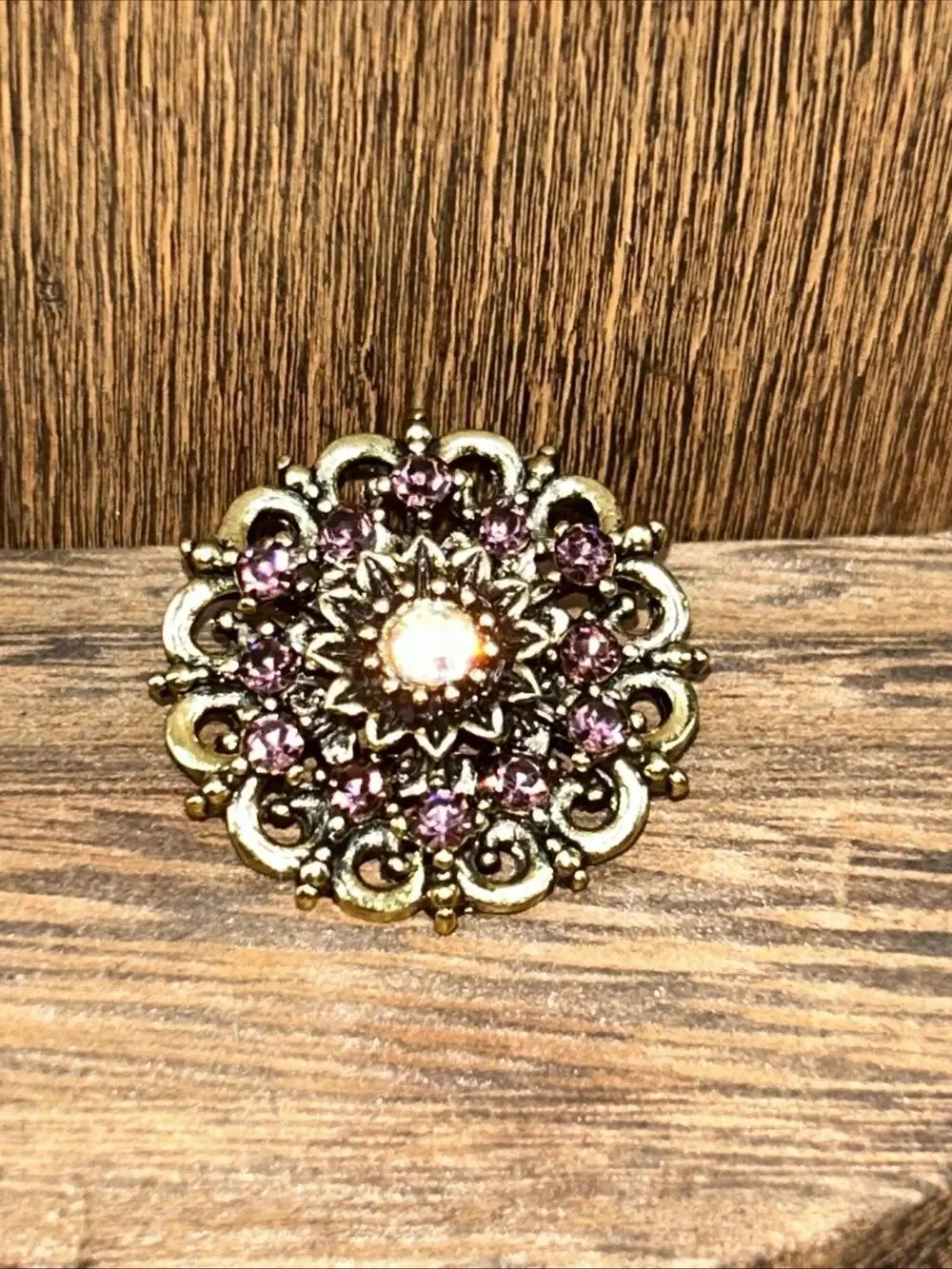 Modern Costume Jewelry Gold Tone Mandala Pin Brooch 1 1/4” Purple Stones